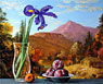 Iris and Plums with Cottage and Mountains