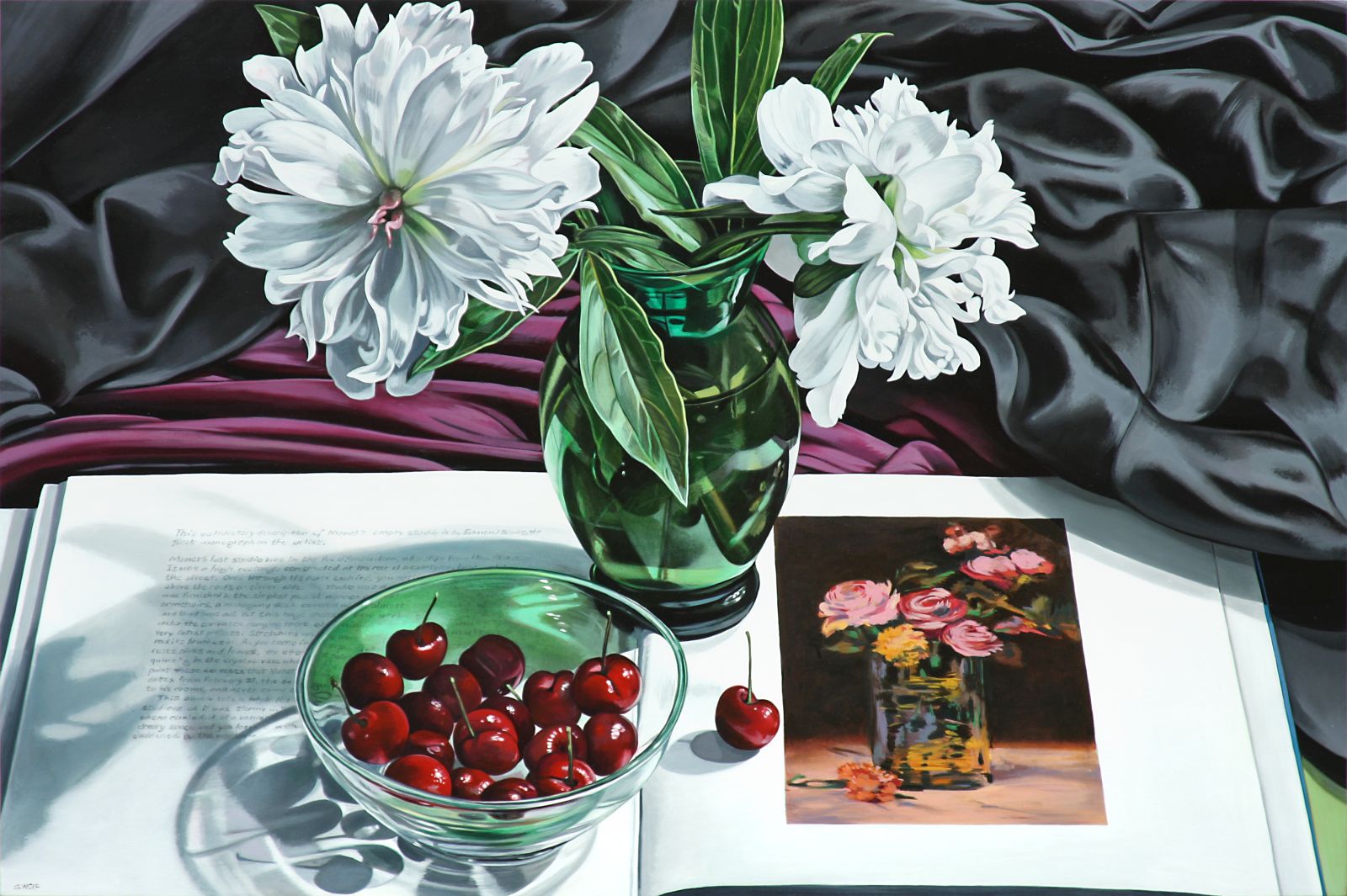 White Peonies with Cherries and Roses Dans un Vase